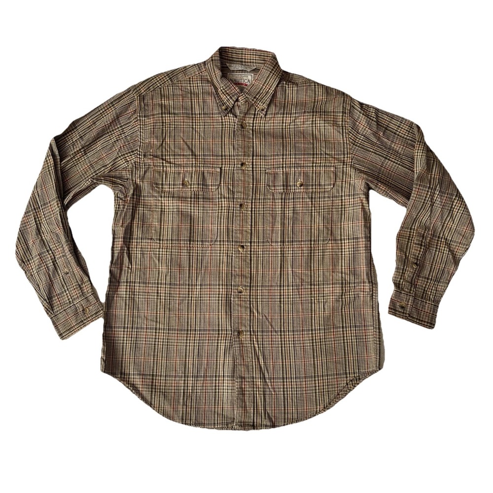Nautica VTG Men's Tan brown Plaid Flannel Button Down Classic‎ Fit Size M